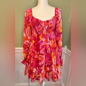 Flying Tomato Woven Mini Floral Dress Pink, Orange W/ Sheer Long Sleeves Size M